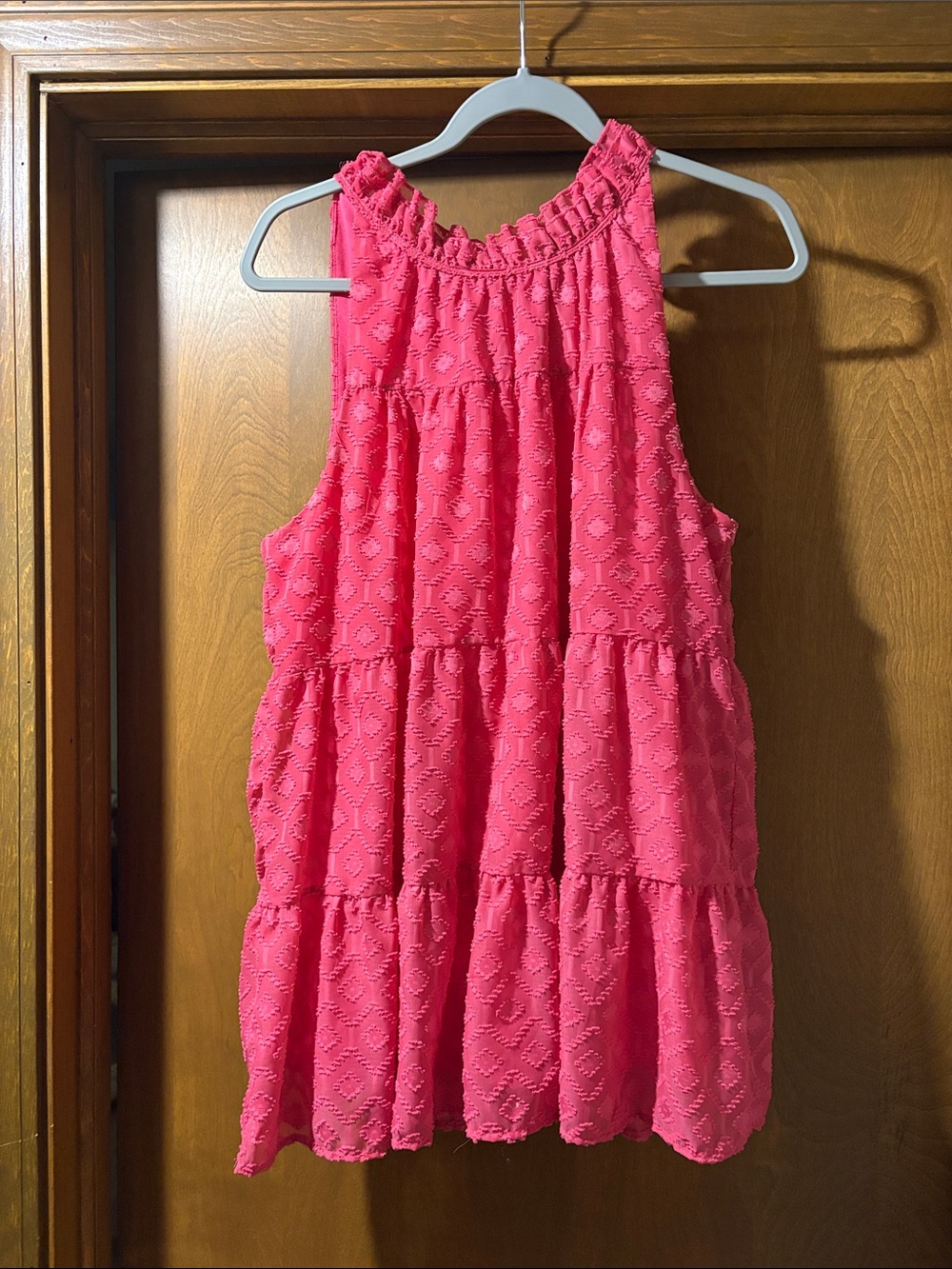 Womens Pink Tiered Eyelet top